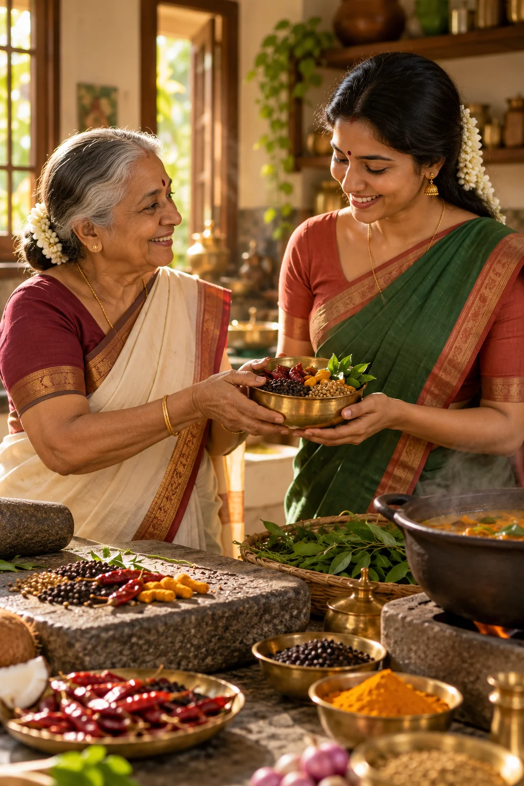 Grandmother sharing spices with her daughter in a South Indian kitchen