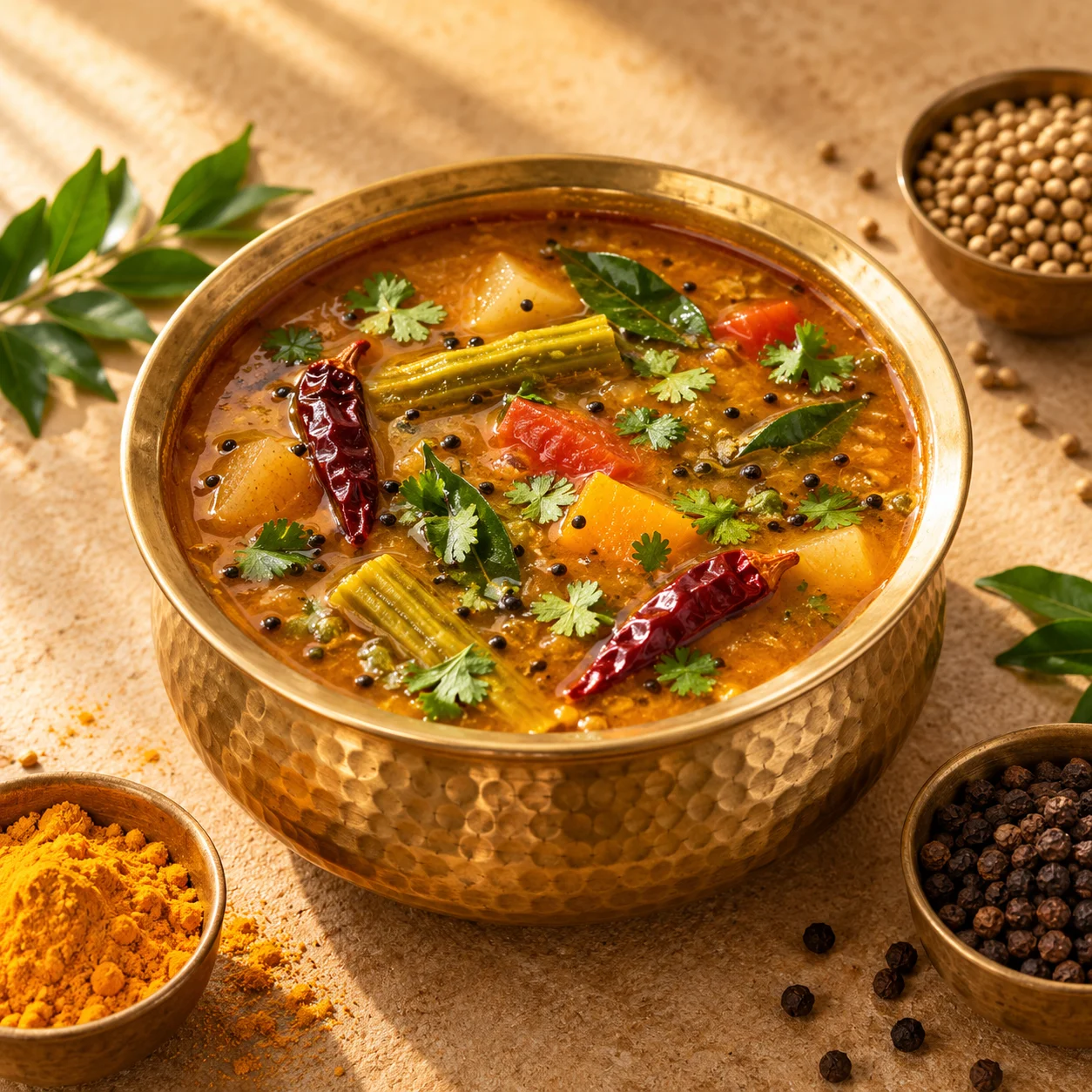 Freshly prepared South Indian sambar in a brass bowl