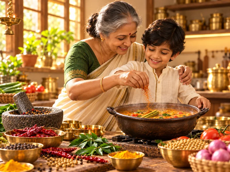 Grandmother and grandson cooking with spices in a South Indian kitchen